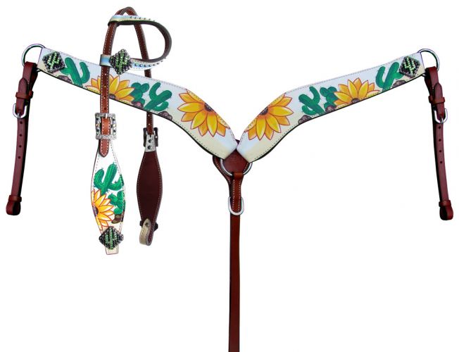 Showman Hand Painted Sunflower and Cactus Print One Ear Headstall and Breastcollar Set